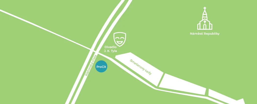 Mapa — kancelář ProCit, Smetanovy sady 114/15, Plzeň, u Divadla J. K. Tyla